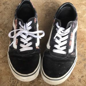 Vans Size 4 Kids Black with black checkered and flowered sides